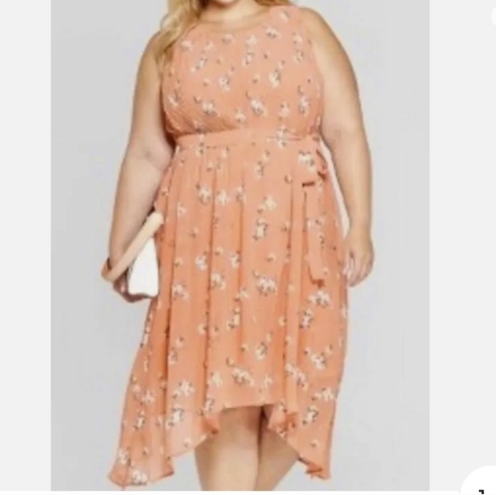 Ava & Viv Melon Floral Pleated Sleeveless Dress Size 1X Feminine Flowy Romantic